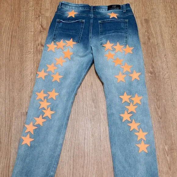 DD2 Faux Leather Orange Applique Star Distressed Denim Men's Size 30 - Picture 6 of 10